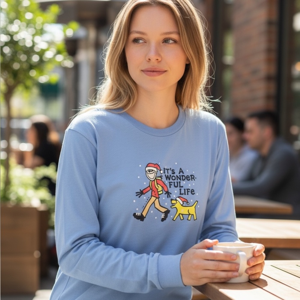 LIFE IS GOOD ITS A WONDERFUL LIFE CHRISTMAS HOLIDAY BLUE LONG SLEEVE TSHIRT XL